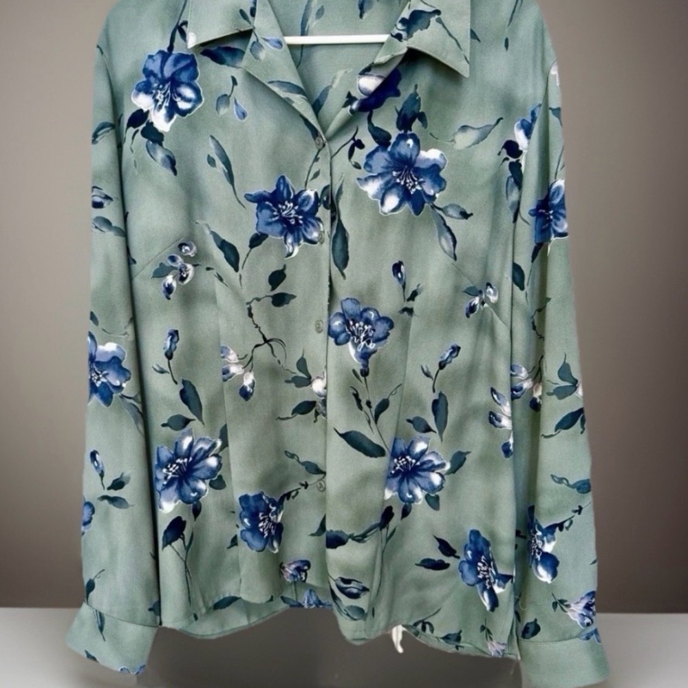 Alfred Dunner Women’s Blouse Size 18 XL Green Printed Button Down Collared Top - Picture 2 of 9